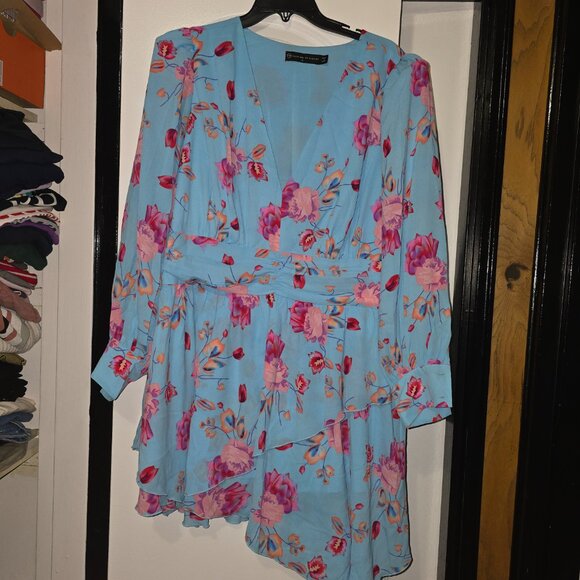 Fashion To Figure Sky Blue High-low Midi Dress W Pink Floral Design Plus Size 0 - Picture 2 of 11